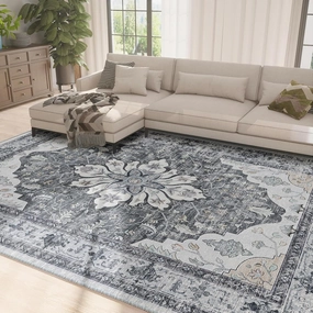 Area Rugs 8'x10' Washable Non-Slip, Floral Vintage Distress Print Pattern Medallion Carpet for Living Room Bedroom Dining Room, Light Gray Grey White