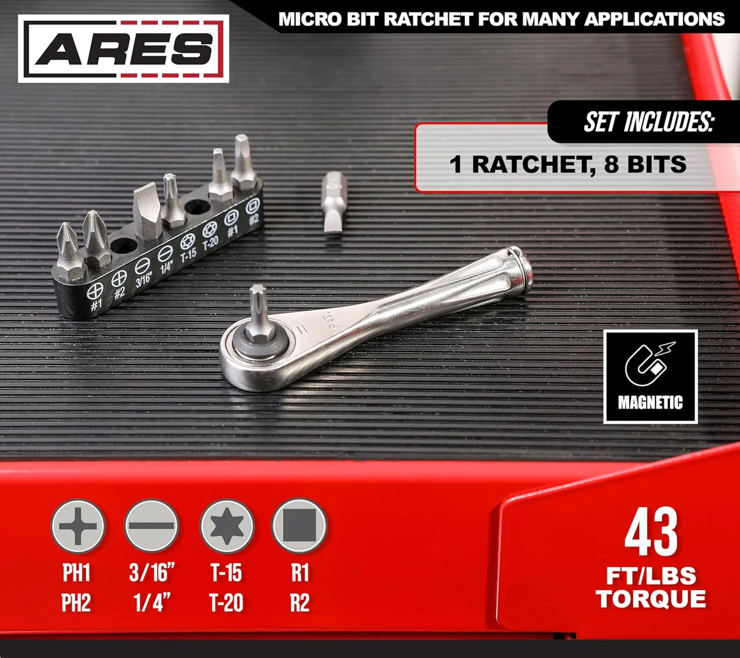 ARES 70040-1/4-Inch Drive Close Quarter Micro Bit Ratchet | Mini Screwdriver with High Torque 72-Tooth Gearhead - 5 Degree Sweep - Spring Loaded Detent Ball Bit Holder