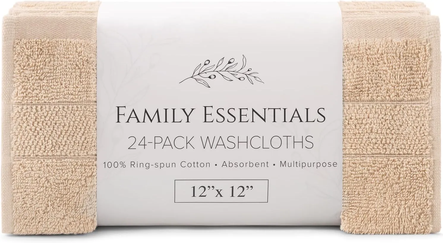 Arkwright Premium Washcloths - (Pack of 24) - Soft & Absorbent, 100% Ringspun Cotton, Contemporary Design Wash Cloths with Dobby, Multipurpose Fingertip Towels, Beige