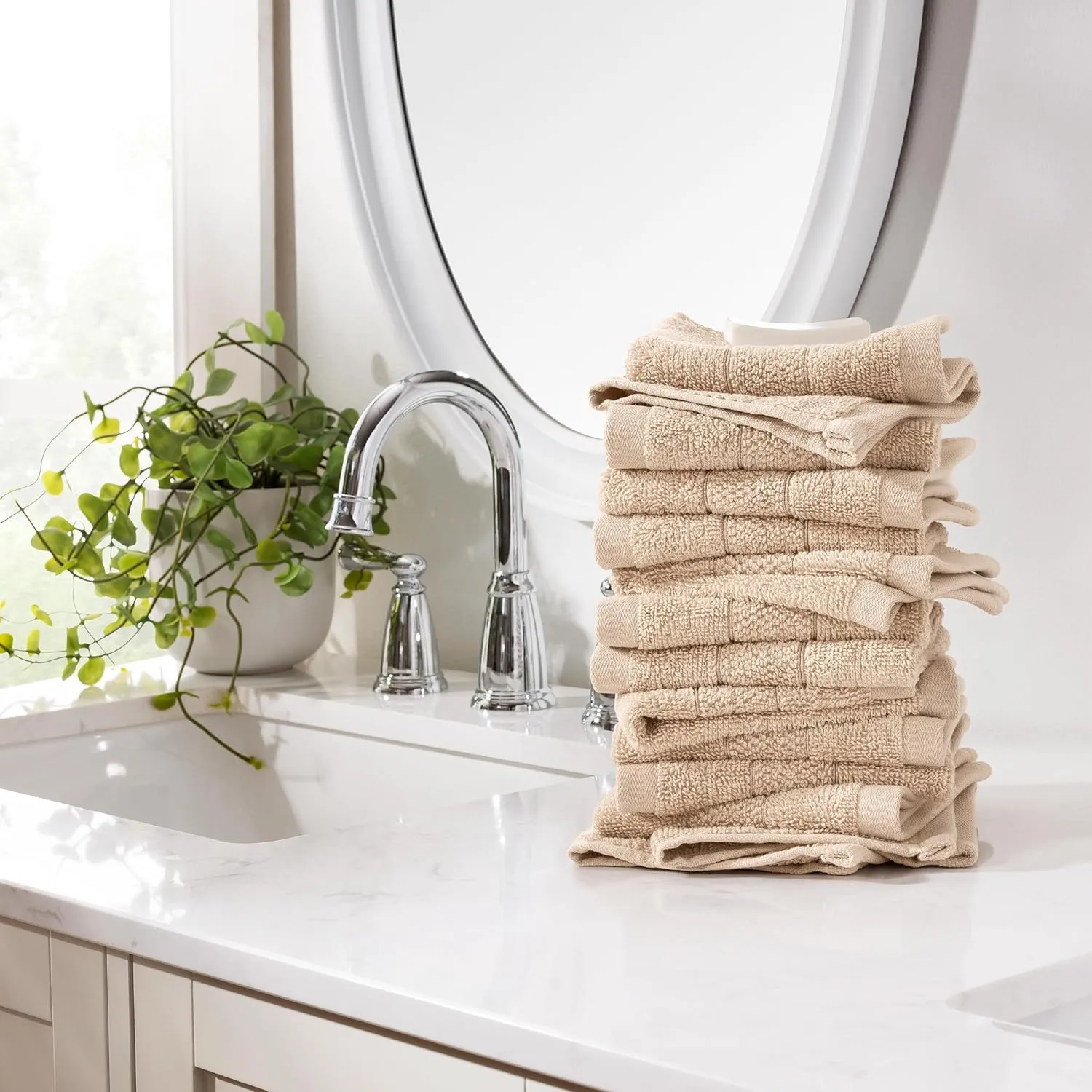 Arkwright Premium Washcloths - (Pack of 24) - Soft & Absorbent, 100% Ringspun Cotton, Contemporary Design Wash Cloths with Dobby, Multipurpose Fingertip Towels, Beige