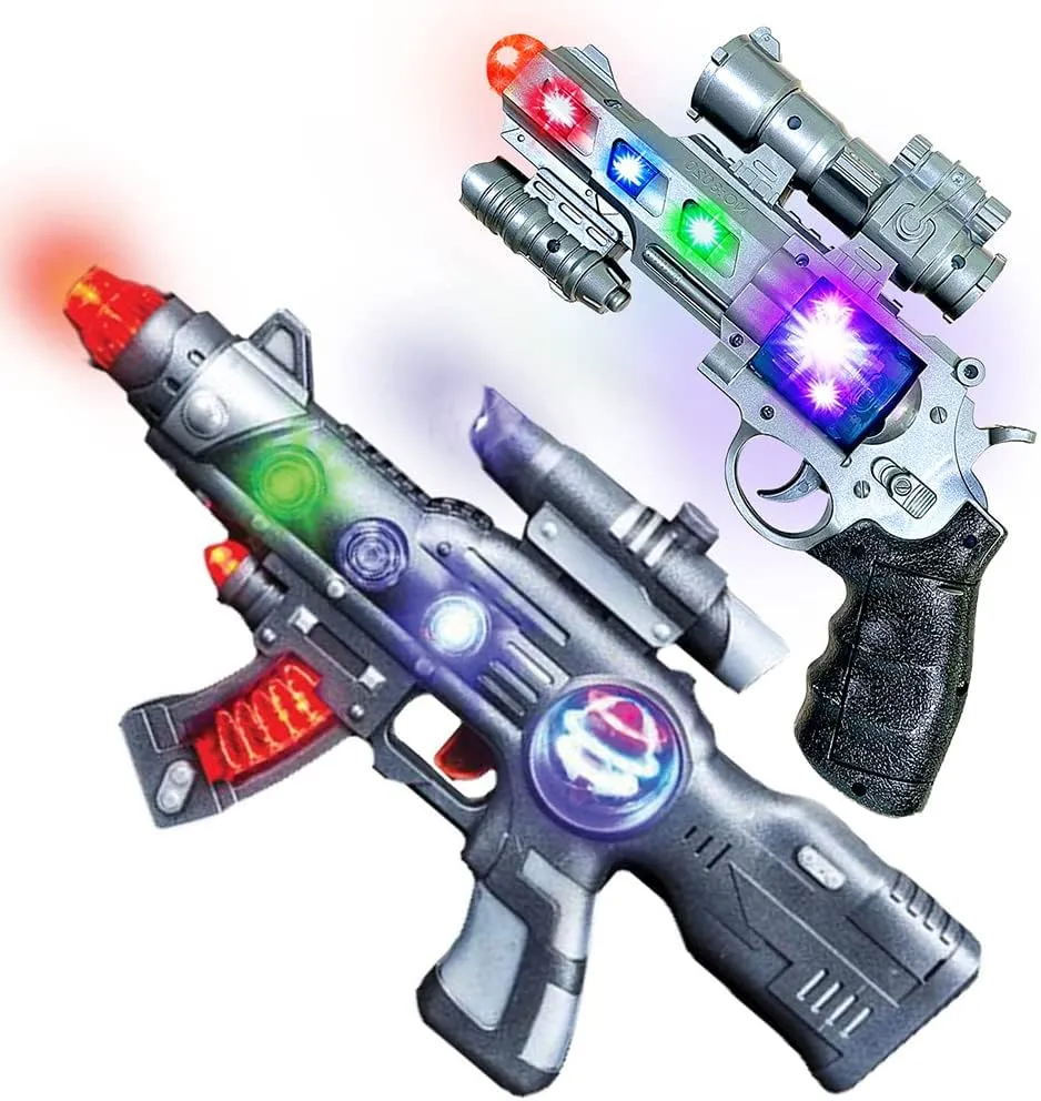 ArtCreativity LED Light Up Toy Gun Set - Includes 12.5 Inch Assault Rifle, 9 Inch Hand Pistol and Batteries - Super Ray Gun Blasters with Colorful Flashing LEDs and Sound - Cool Play Toy for Kids
