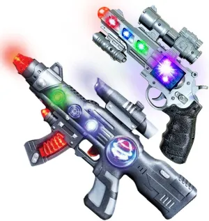ArtCreativity LED Light Up Toy Gun Set - Includes 12.5 Inch Assault Rifle, 9 Inch Hand Pistol and Batteries - Super Ray Gun Blasters with Colorful Flashing LEDs and Sound - Cool Play Toy for Kids