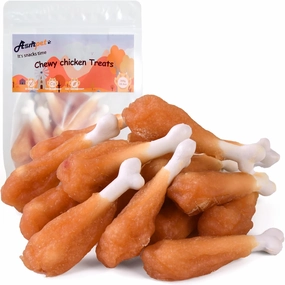 ASMPET Dog Treats, Chicken Jerky Wrapped Calcium Bone Drumsticks Rawhide-Free Grain-Free 3 inches Health Chewy Training Treats (Min 18 pcs/Pack) for Small Medium Large Breeds Teeth Cleaning