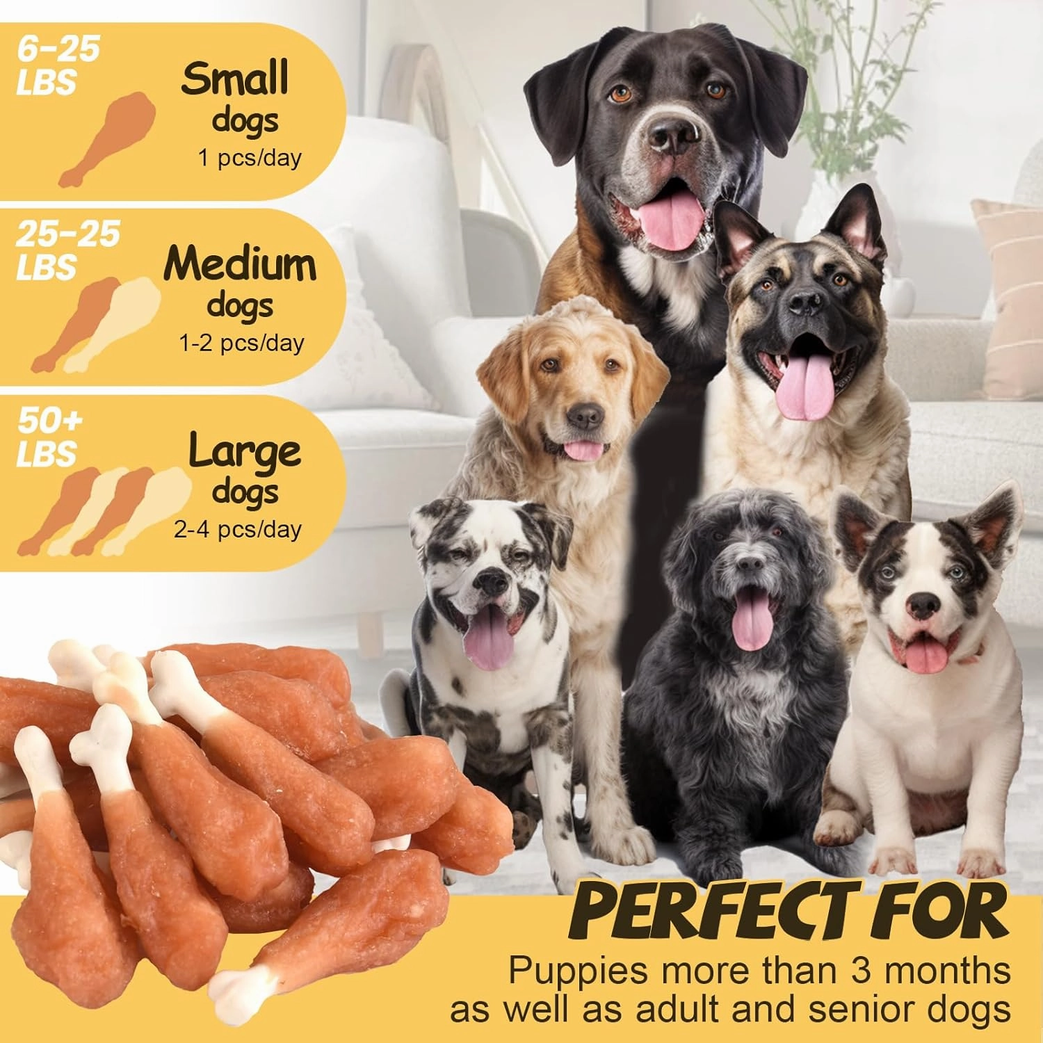 ASMPET Dog Treats, Chicken Jerky Wrapped Calcium Bone Drumsticks Rawhide-Free Grain-Free 3 inches Health Chewy Training Treats (Min 18 pcs/Pack) for Small Medium Large Breeds Teeth Cleaning