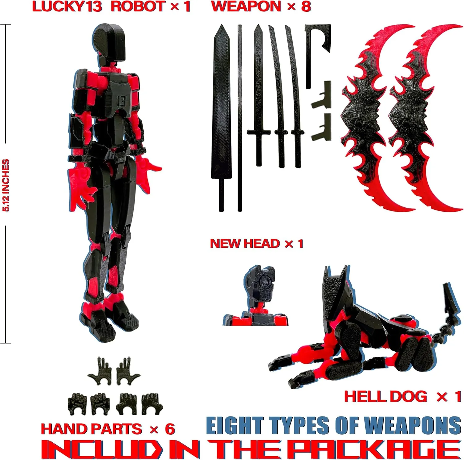 (Assembly Completed) T13 Action Figure Set, 3D Printed Toys Robo 13 Action Figure,Dummy 13 Titan 13 Action Figure (Black Red   Dog)