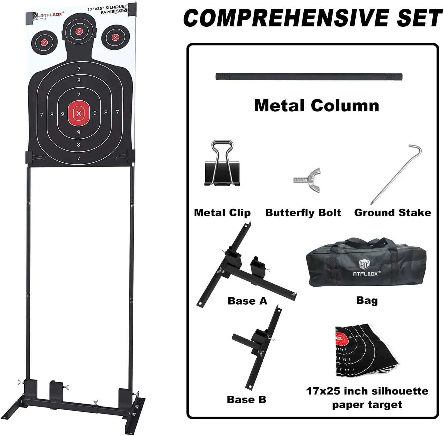 Atflbox Shooting Target Stand with 10pcs 17x25 Inch Paper Targets, Durable Paper Target Holder with Stable Adjustable Base for Cardboard Silhouette, H Shape, USPSA/IPSC, IDPA Practice