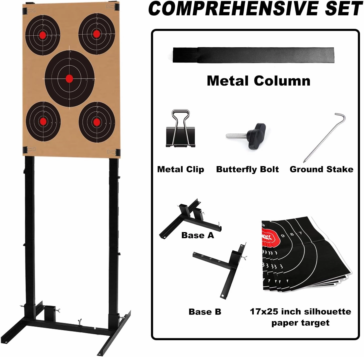 Atflbox Shooting Target Stand with 10pcs 17x25 Inch Paper Targets, Durable Paper Target Holder with Stable Adjustable Base for Cardboard Silhouette, H Shape, USPSA/IPSC, IDPA Practice