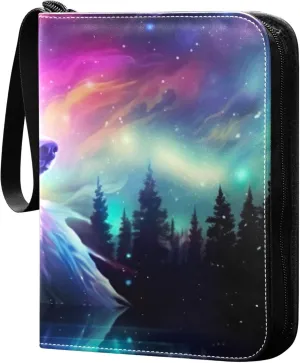 Aurora Borealis Wolf Card Binder 4 Pocket Collectible Trading Card Albums with 50 Sleeves Double Side PU Waterproof 3 Ring for Sports & Game Cards