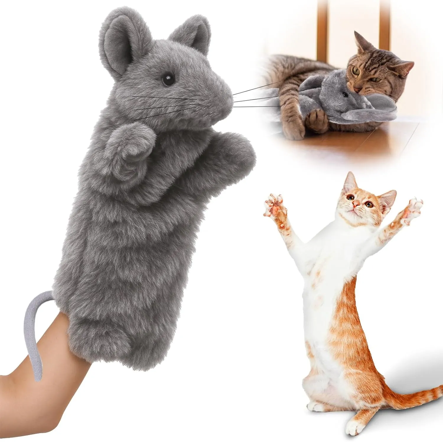 BABORUI Cat Wrestling Toy Puppet, Mouse Puppets Enrichment Toys for Bored Indoor Cats, Safe Wrestling Glove Hand Interactive Cat Toys (Long-Mouse)