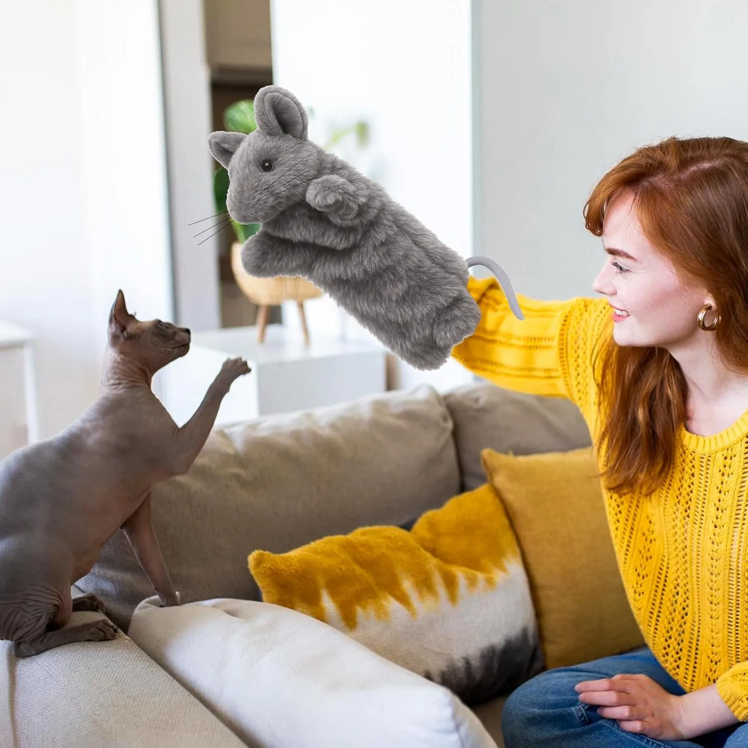 BABORUI Cat Wrestling Toy Puppet, Mouse Puppets Enrichment Toys for Bored Indoor Cats, Safe Wrestling Glove Hand Interactive Cat Toys (Long-Mouse)