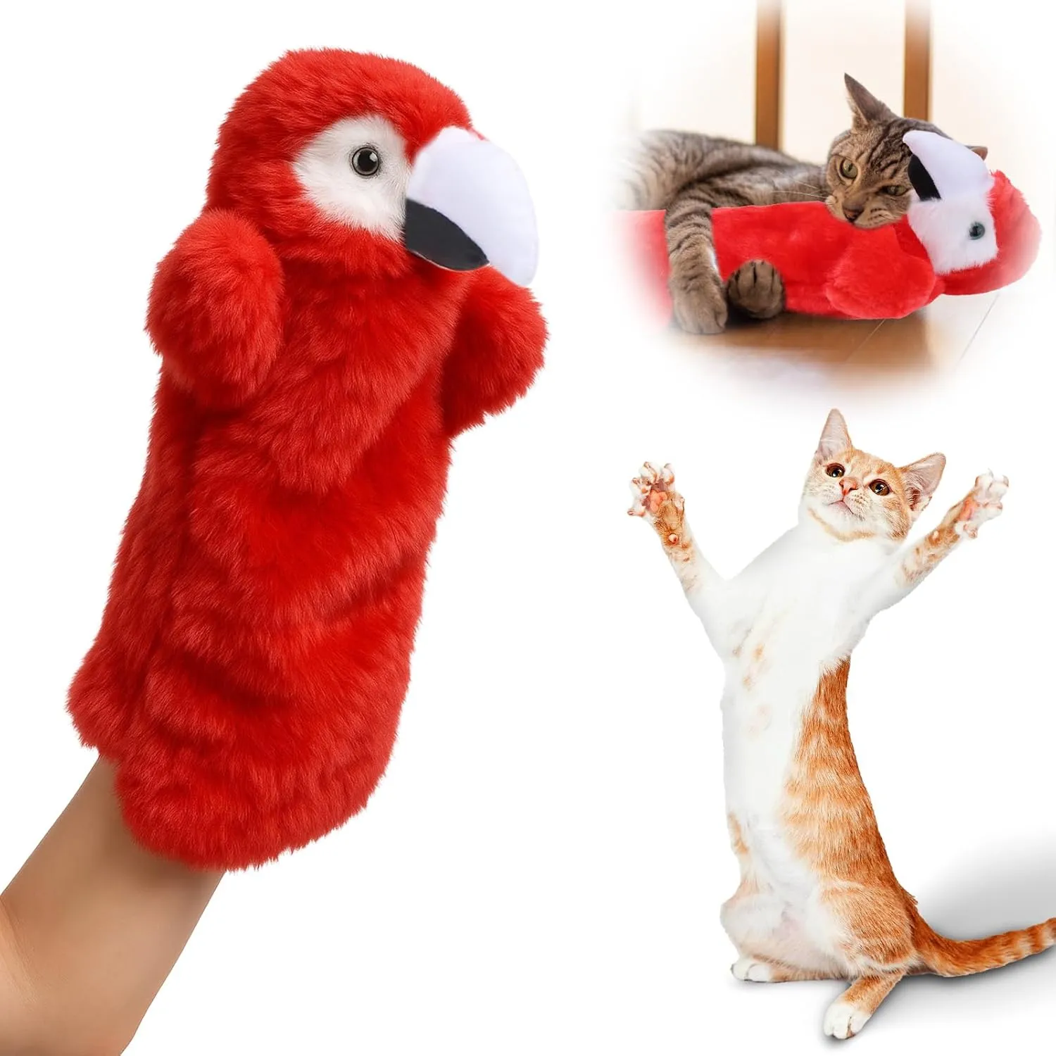 BABORUI Cat Wrestling Toy Puppet, Parrot Puppets Enrichment Toys for Bored Indoor Cats, Safe Wrestling Glove Hand Interactive Cat Toys (Long-Parrot)