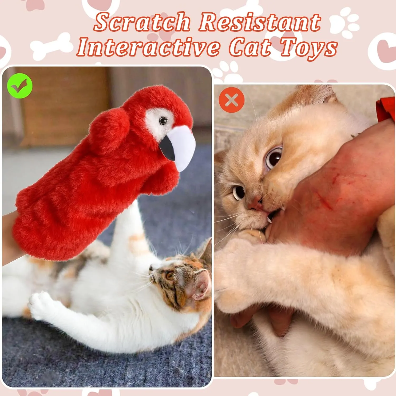 BABORUI Cat Wrestling Toy Puppet, Parrot Puppets Enrichment Toys for Bored Indoor Cats, Safe Wrestling Glove Hand Interactive Cat Toys (Long-Parrot)