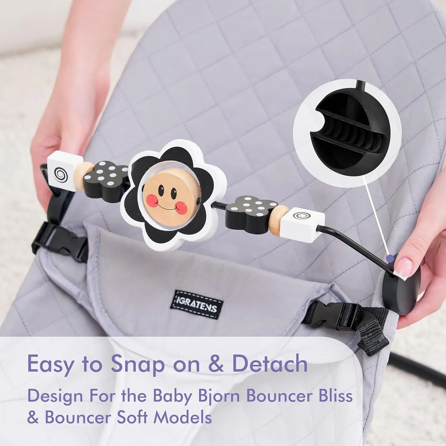 Baby Bjorn Bouncer Toy Bar, Upgrade Toy for Baby Bouncer Soft & Bliss, Easy to Attach and Remove, Child-Friendly Materials, Exciting Design for Curious Babies, Black and White Flowers