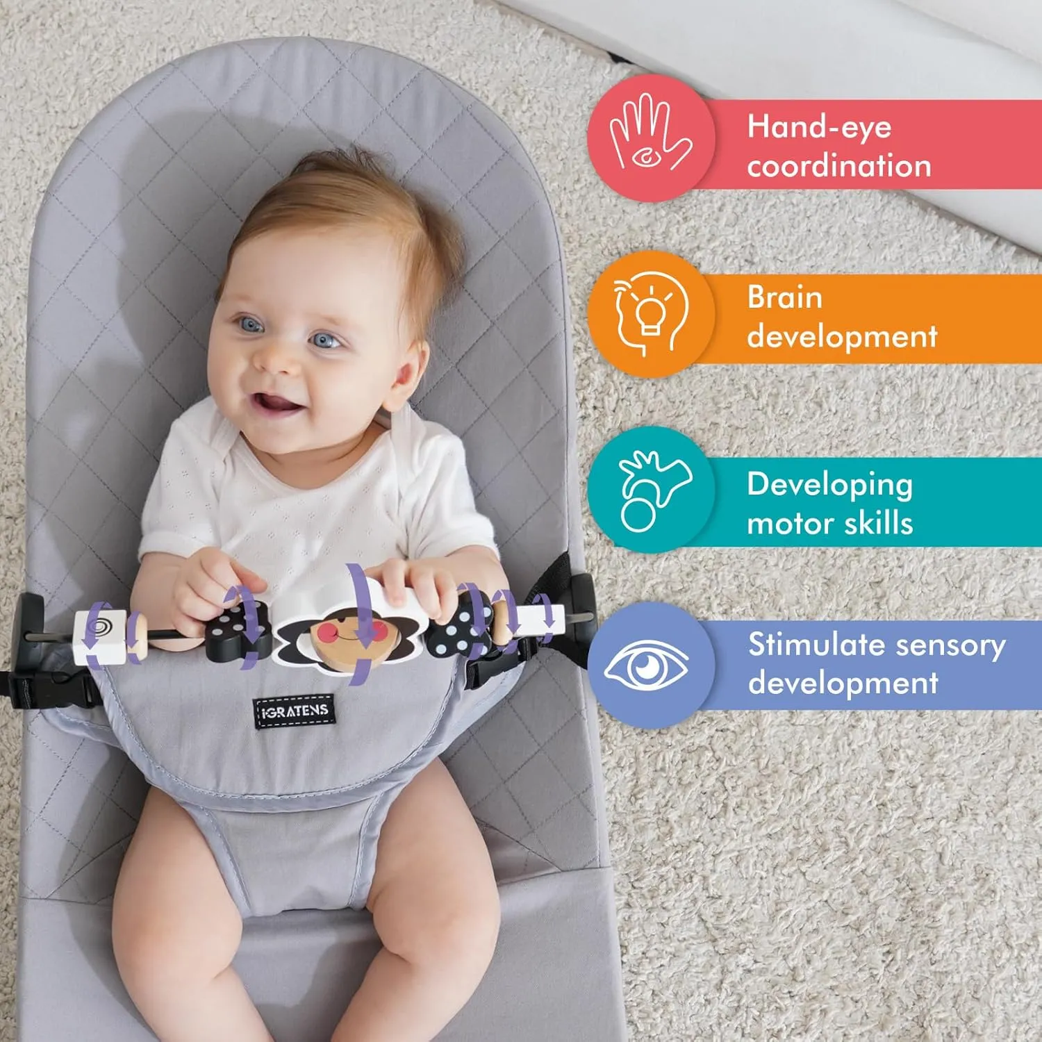 Baby Bjorn Bouncer Toy Bar, Upgrade Toy for Baby Bouncer Soft & Bliss, Easy to Attach and Remove, Child-Friendly Materials, Exciting Design for Curious Babies, Black and White Flowers