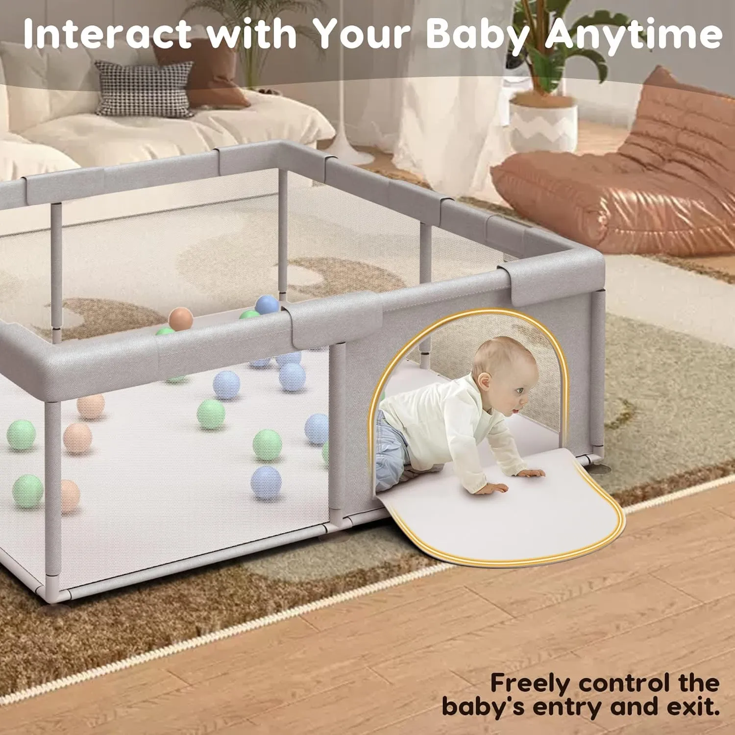 Baby Playpen Play Pens for Babies and Toddlers Baby Fence Baby Play Yards for Indoor & Outdoor with Breathable Mesh Anti-Fall Playpen Grey