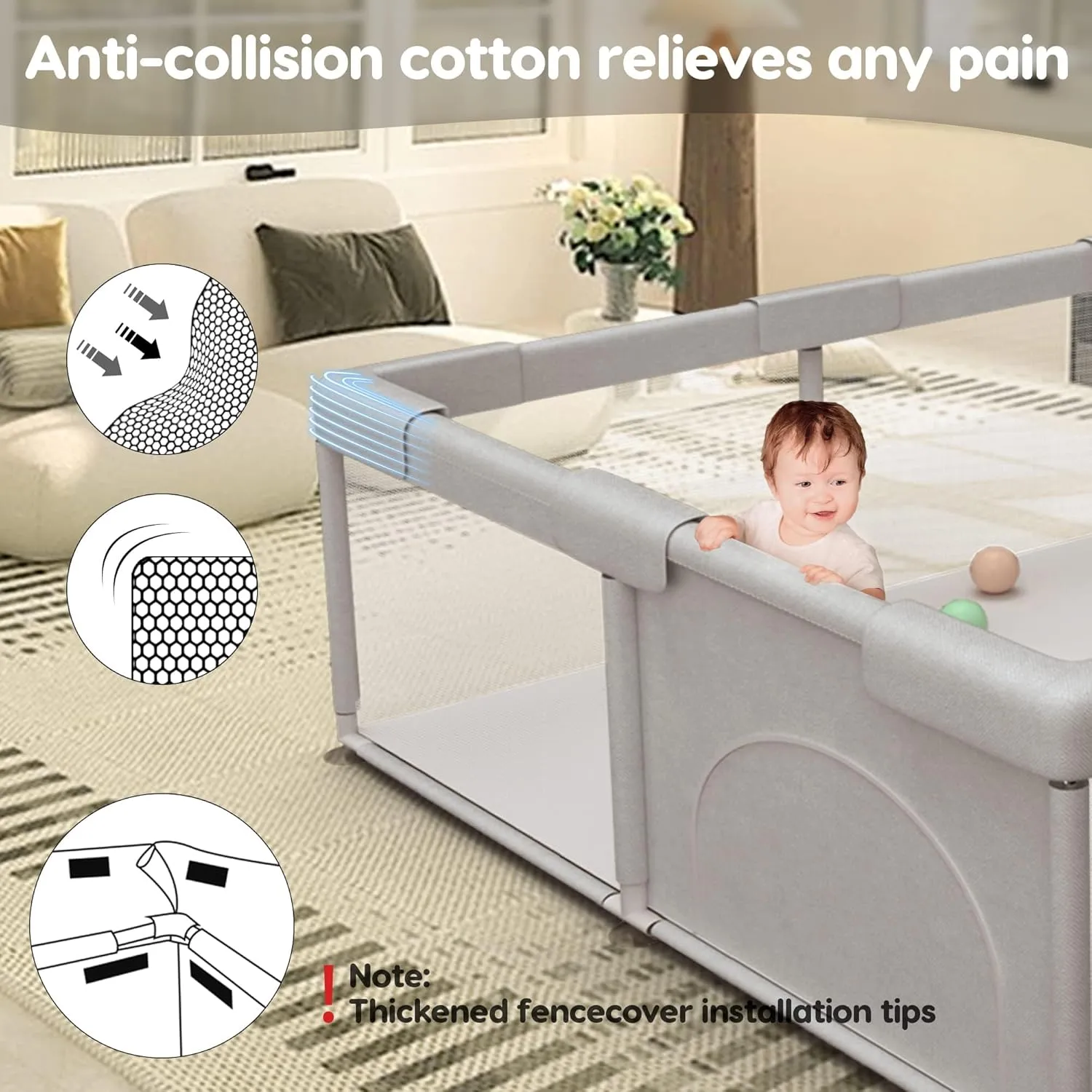 Baby Playpen Play Pens for Babies and Toddlers Baby Fence Baby Play Yards for Indoor & Outdoor with Breathable Mesh Anti-Fall Playpen Grey