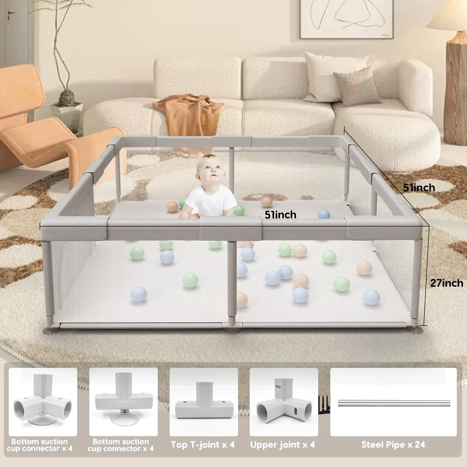 Baby Playpen Play Pens for Babies and Toddlers Baby Fence Baby Play Yards for Indoor & Outdoor with Breathable Mesh Anti-Fall Playpen Grey