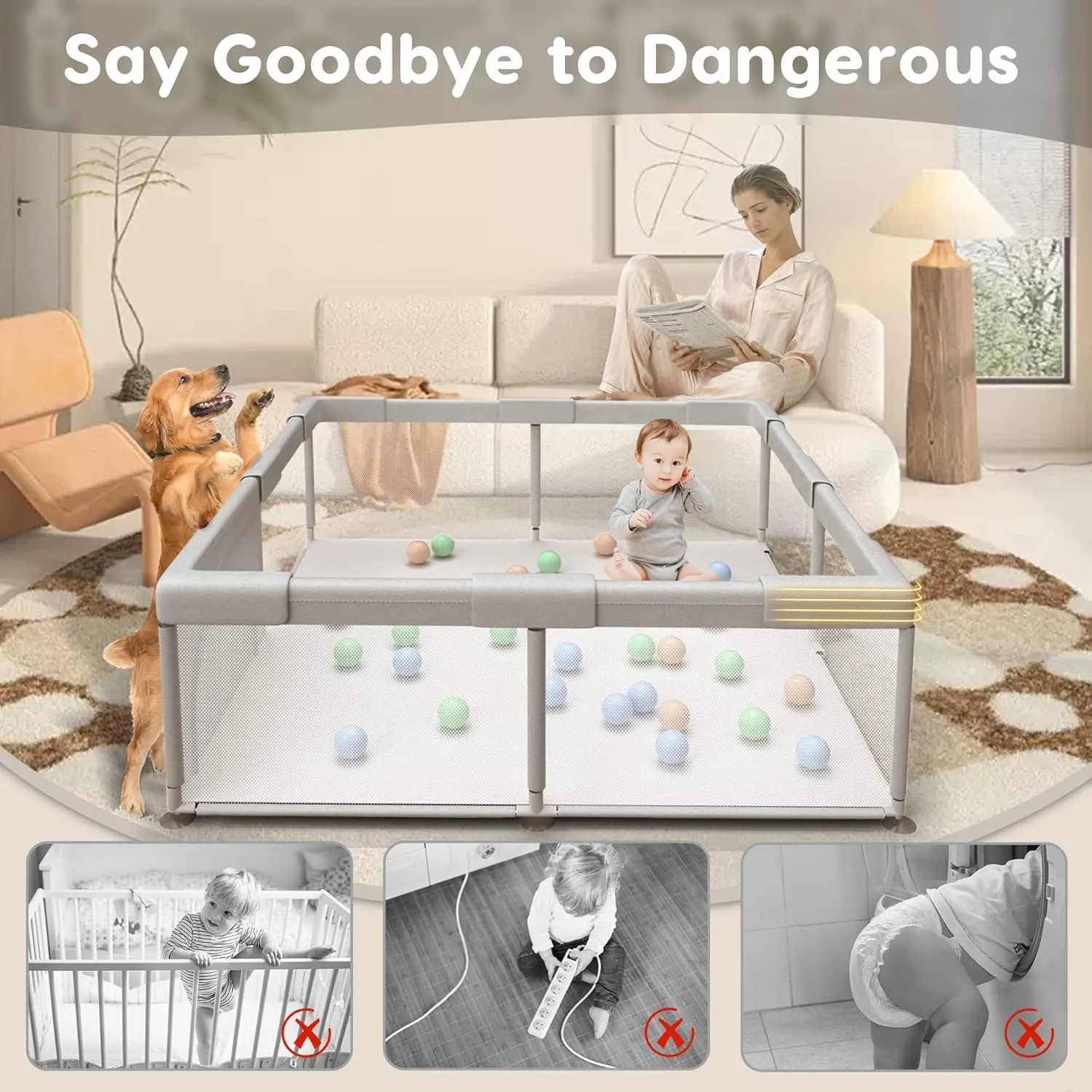 Baby Playpen Play Pens for Babies and Toddlers Baby Fence Baby Play Yards for Indoor & Outdoor with Breathable Mesh Anti-Fall Playpen Grey