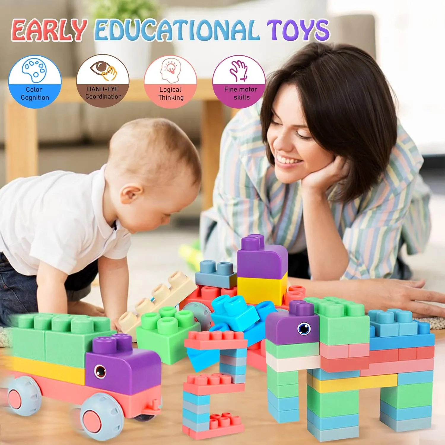 Baby Soft Blocks Building Block Toys, Blocks for Babies 6 Months and Up STEM Educational Toddler Gifts, Soft Rubber Baby Blocks 12-18 Months Big Building Blocks Sensory Toys, 70PCS