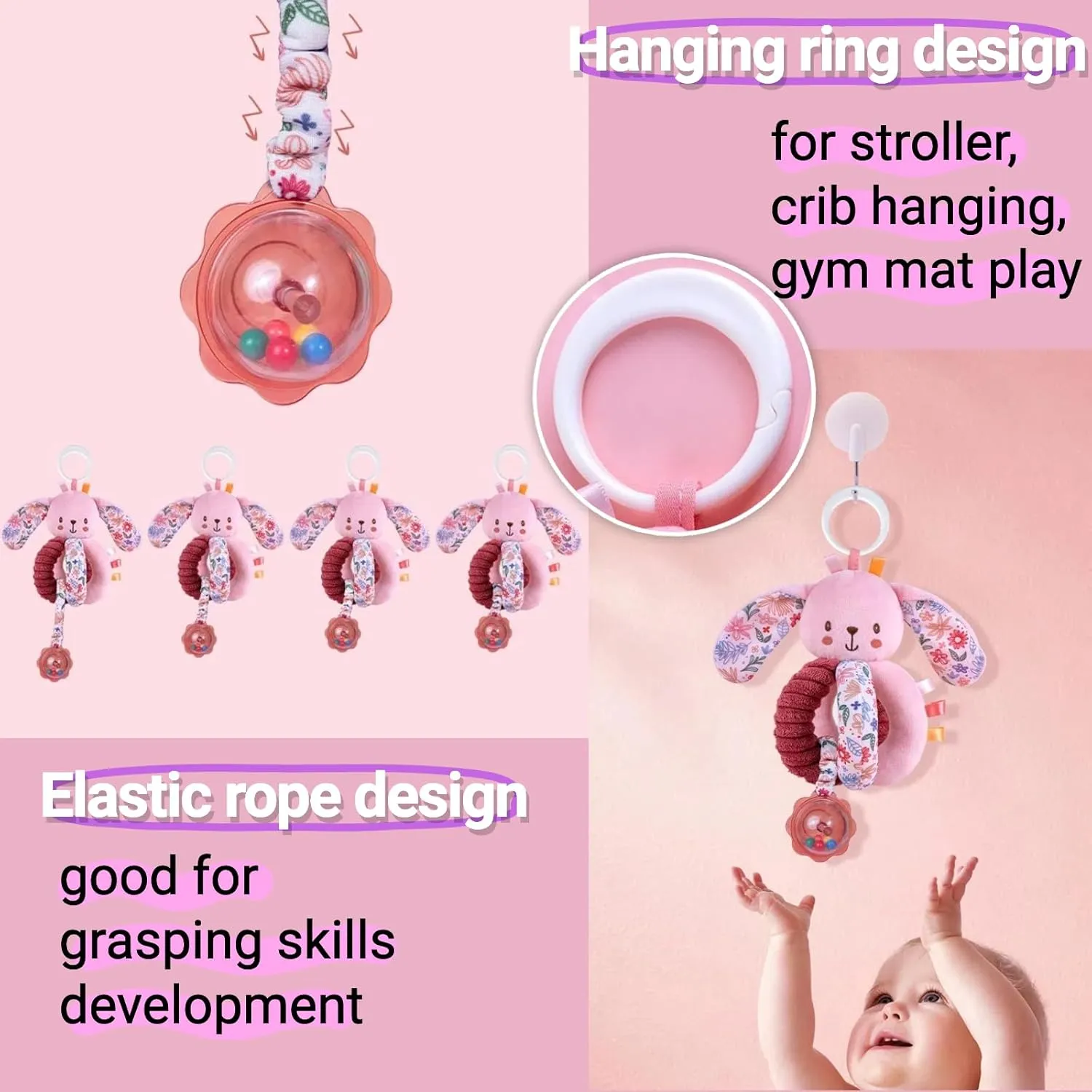 Baby Stroller Hanging Car Seat Toys for Infants 0-6 Months Girl Boy 3-4-5-6-12-18 Month Newborn Shower Gifts, Carseat Activity Sensory Toy for Babies Play Gym Travel Rattle, Crinkle, Squeaky