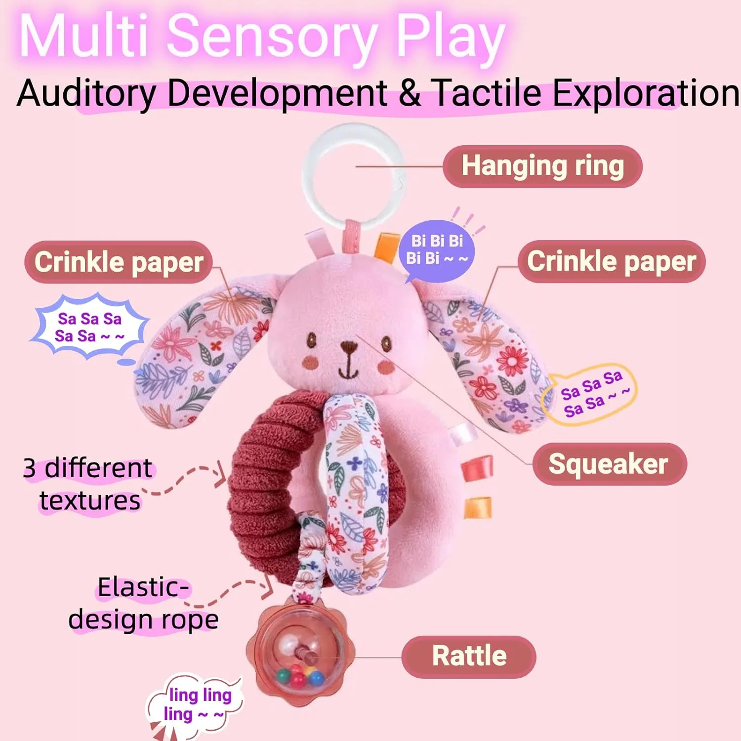Baby Stroller Hanging Car Seat Toys for Infants 0-6 Months Girl Boy 3-4-5-6-12-18 Month Newborn Shower Gifts, Carseat Activity Sensory Toy for Babies Play Gym Travel Rattle, Crinkle, Squeaky