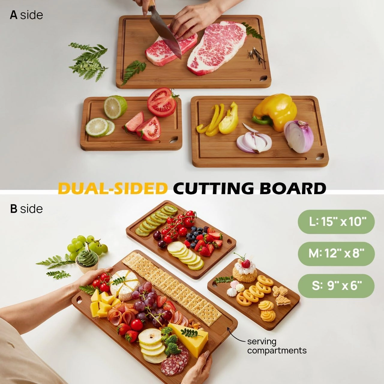 Bamboo Cutting Board, Durable Wood Cutting Boards for Kitchen with Deep Juice Grooves & Built-in Handles, Ideal Charcuterie & Chopping for Meat, Vegetables and Fruits Ideas Kitchen Gift for Home Cooks