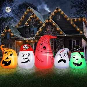 B&D 8FT Long Halloween Inflatables Ghost Outdoor Decorations, 5 Pirate Ghosts Inflatable Halloween Decorations with Color Changing RGB Lights Halloween Blow Ups for Party, Garden, Yard, Lawn Decor