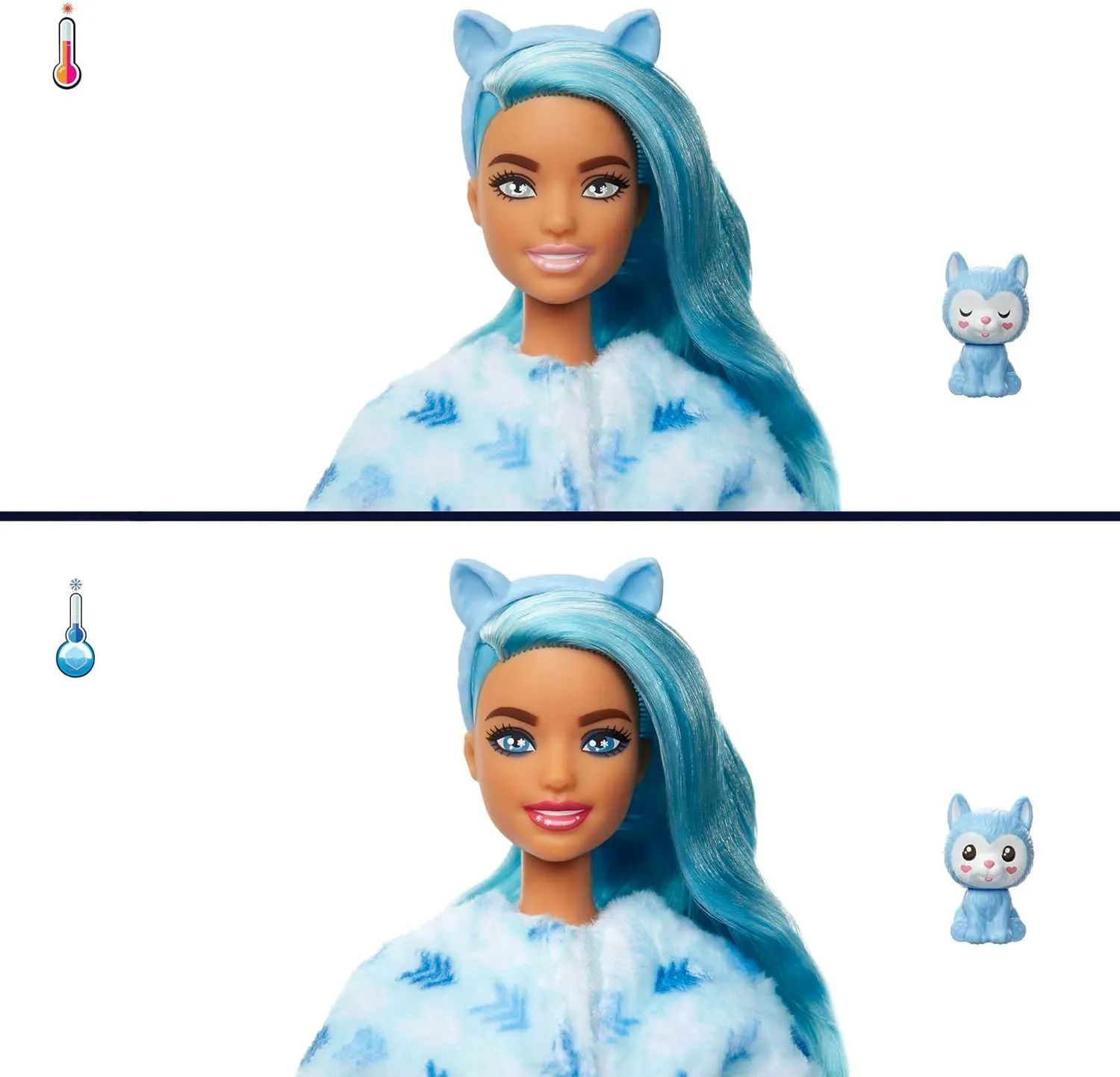 Barbie Cutie Reveal Doll, Snowflake Sparkle Series Husky Plush Costume, 10 Surprises Including Mini Pet & Color Change