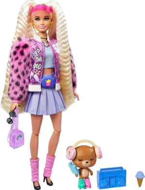 Barbie Extra Doll & Accessories with Extra-Long Crimped Pigtails in Pink Sparkly Varsity Jacket with Pet Teddy Bear