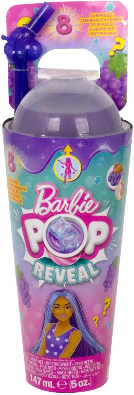 Barbie Pop Reveal Doll & Accessories, Grape Fizz Scent with Purple Hair, 8 Surprises Include Slime, Color Change & Puppy