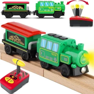 Battery Operated Locomotive Trains Set for Wooden Train Tracks, Powerful Engine Train Vehicles Electric Remote Control Cars with Light & Sound Toy Gift for Kids Toddler