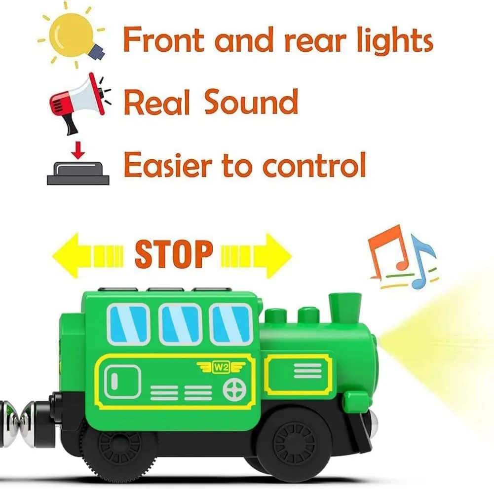 Battery Operated Locomotive Trains Set for Wooden Train Tracks, Powerful Engine Train Vehicles Electric Remote Control Cars with Light & Sound Toy Gift for Kids Toddler