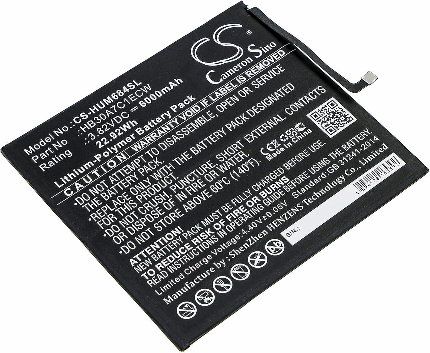 Battery Compatible with Hu awei MediaPad M6 8.4, VRD-AL09, VRD-W09, Part Number: HB30A7C1ECW, 6000mAh