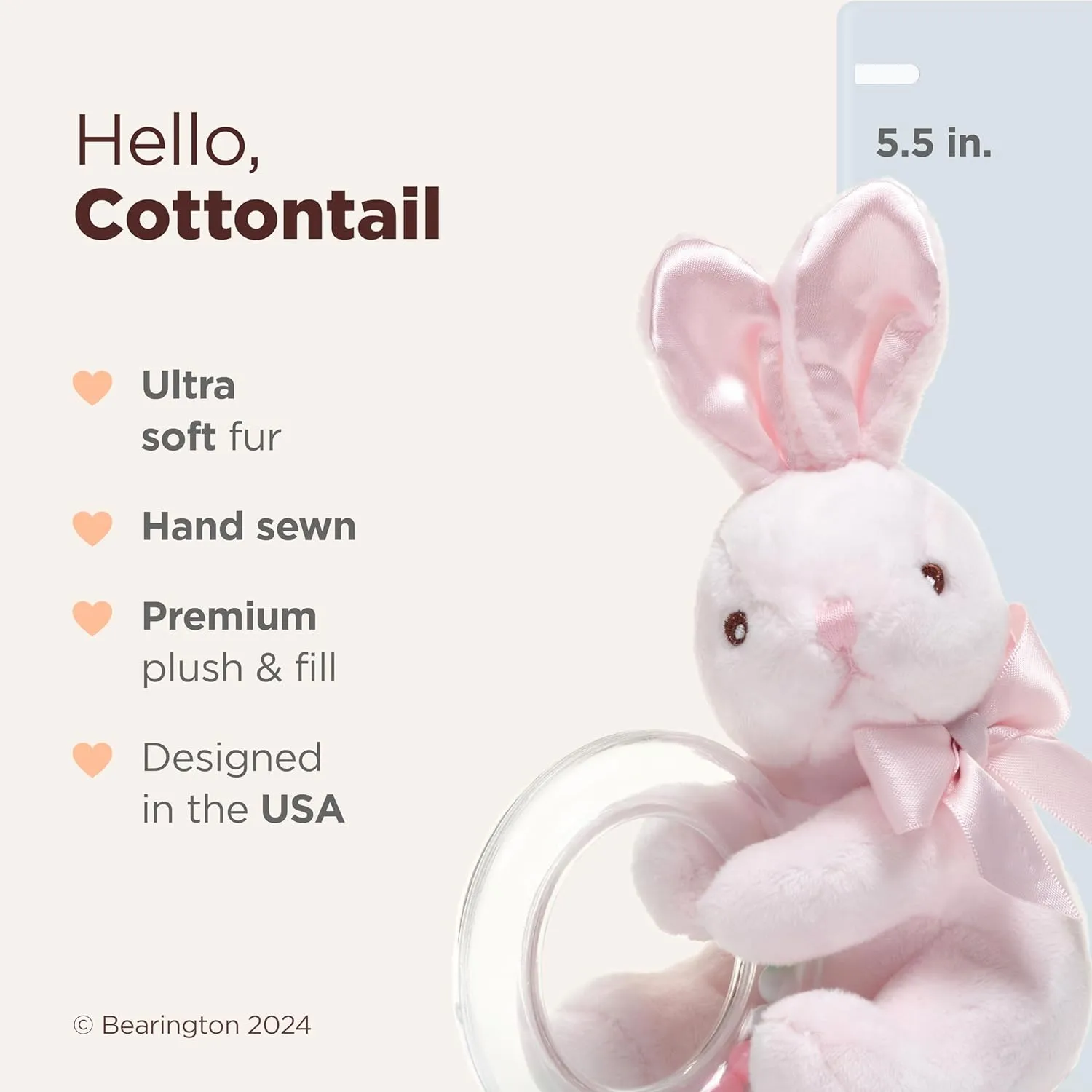 Bearington Baby Cottontail Plush Stuffed Animal Pink Bunny Shaker Toy Ring Rattle - 5.5" Bunny Rattle