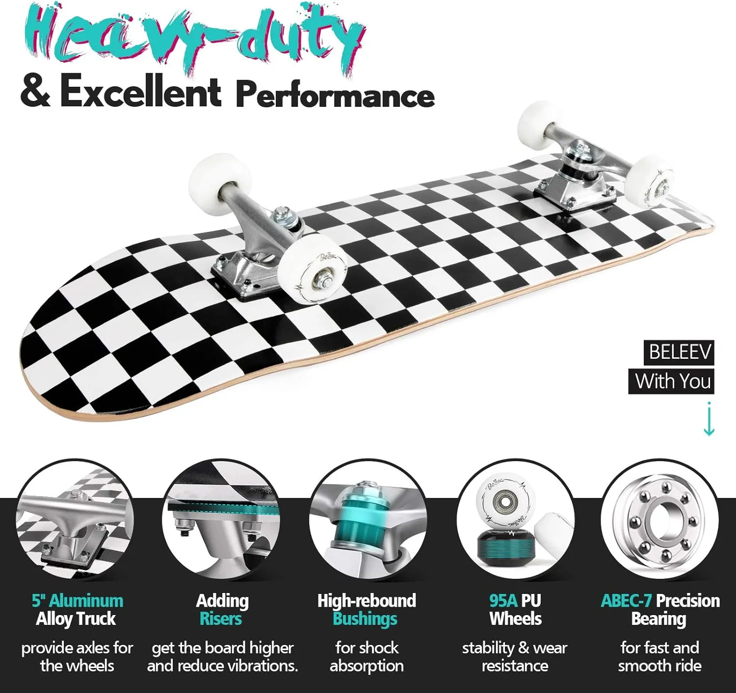BELEEV Skateboards for Beginners, 31 x 8 inch Complete Skateboard for Kids Teens Adults, 7 Layer Canadian Maple Double Kick Deck Concave Cruiser Trick Skateboard with Multifunction Skate T-Tool