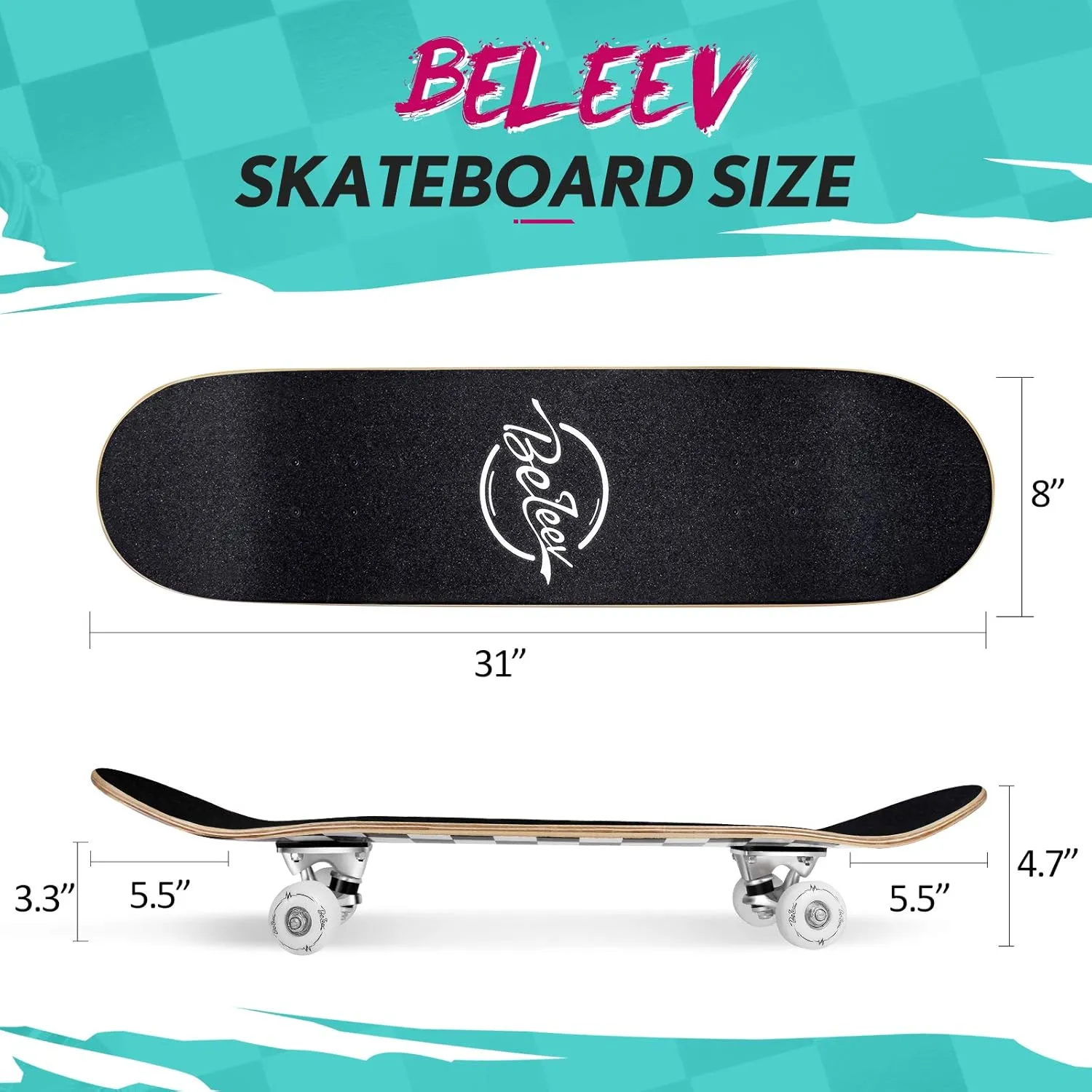 BELEEV Skateboards for Beginners, 31 x 8 inch Complete Skateboard for Kids Teens Adults, 7 Layer Canadian Maple Double Kick Deck Concave Cruiser Trick Skateboard with Multifunction Skate T-Tool