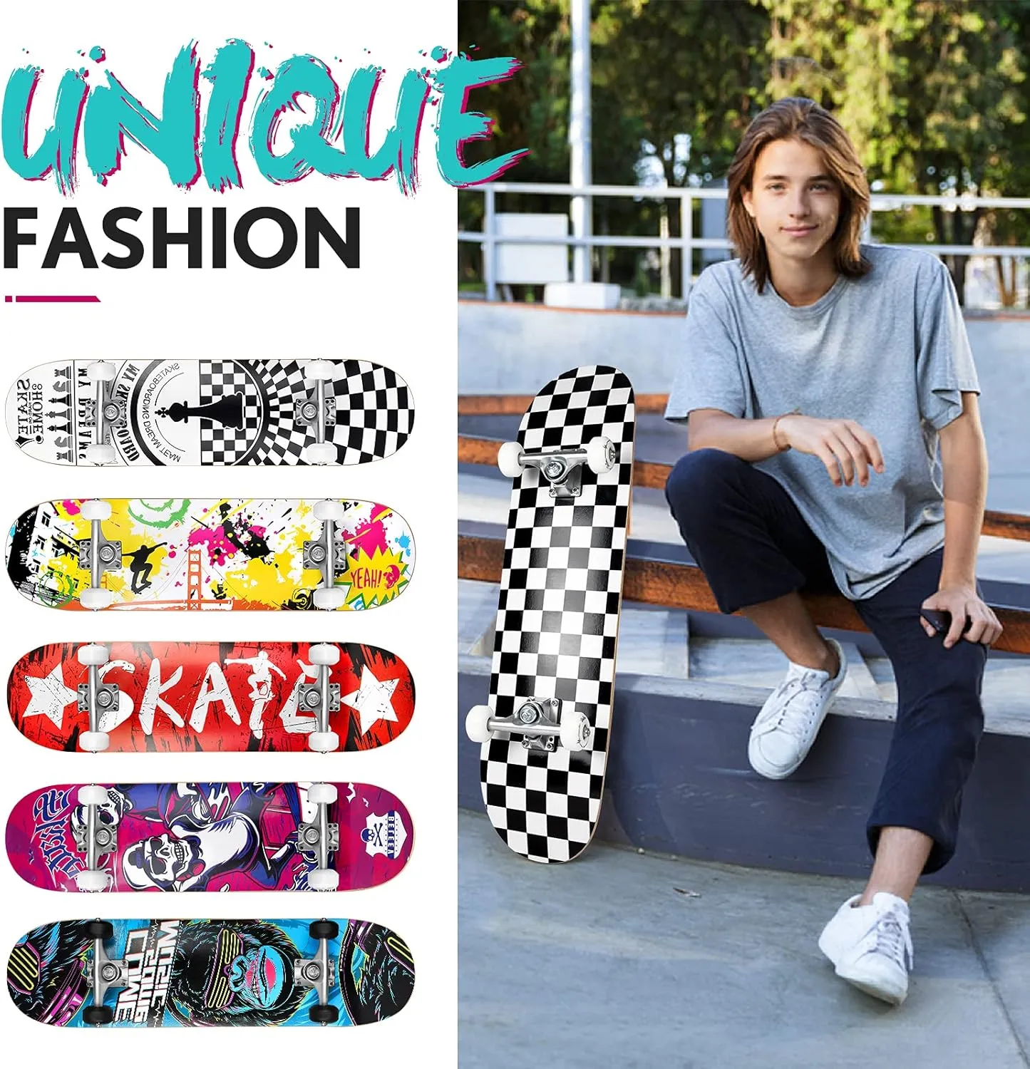 BELEEV Skateboards for Beginners, 31 x 8 inch Complete Skateboard for Kids Teens Adults, 7 Layer Canadian Maple Double Kick Deck Concave Cruiser Trick Skateboard with Multifunction Skate T-Tool
