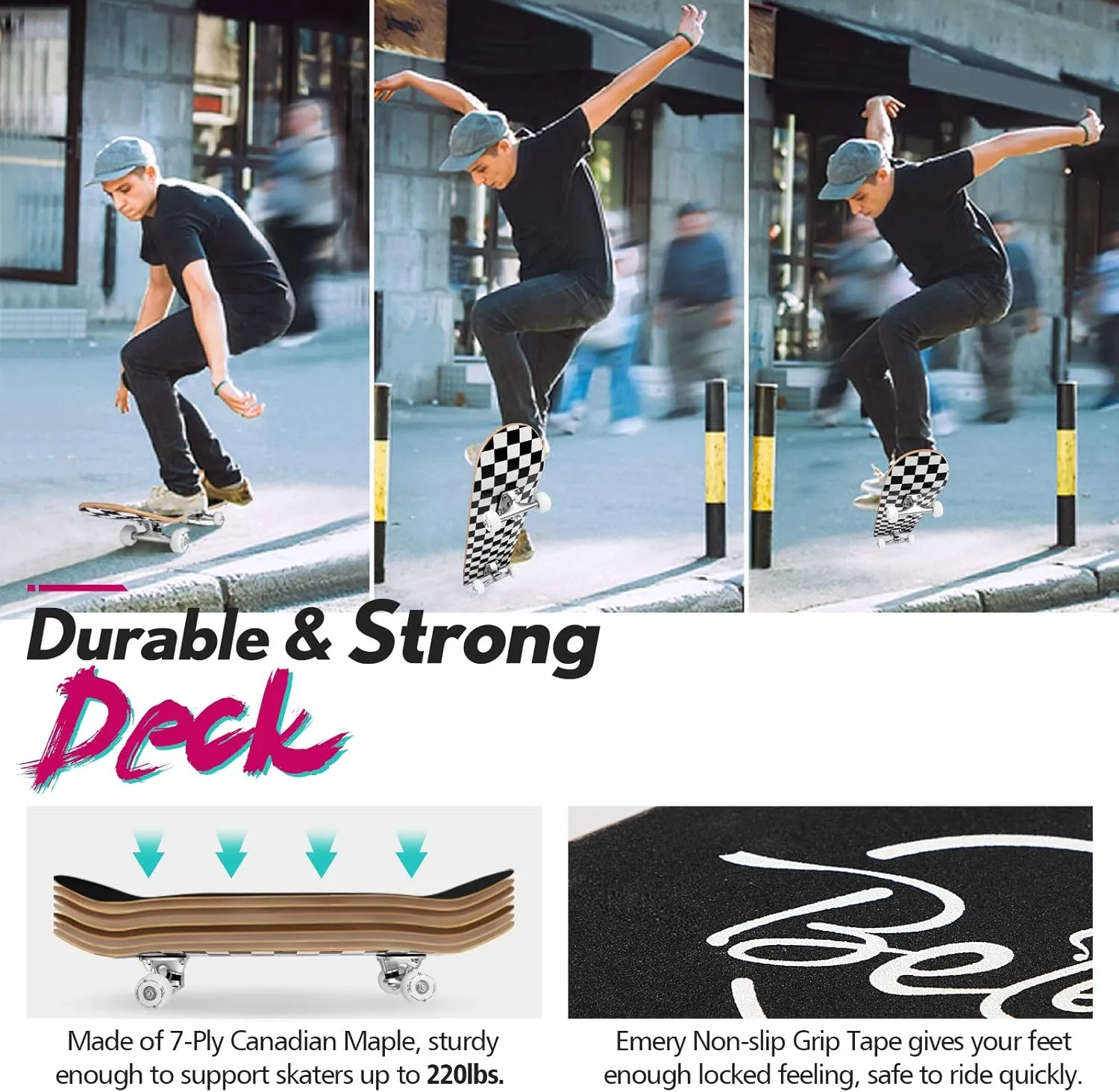 BELEEV Skateboards for Beginners, 31 x 8 inch Complete Skateboard for Kids Teens Adults, 7 Layer Canadian Maple Double Kick Deck Concave Cruiser Trick Skateboard with Multifunction Skate T-Tool