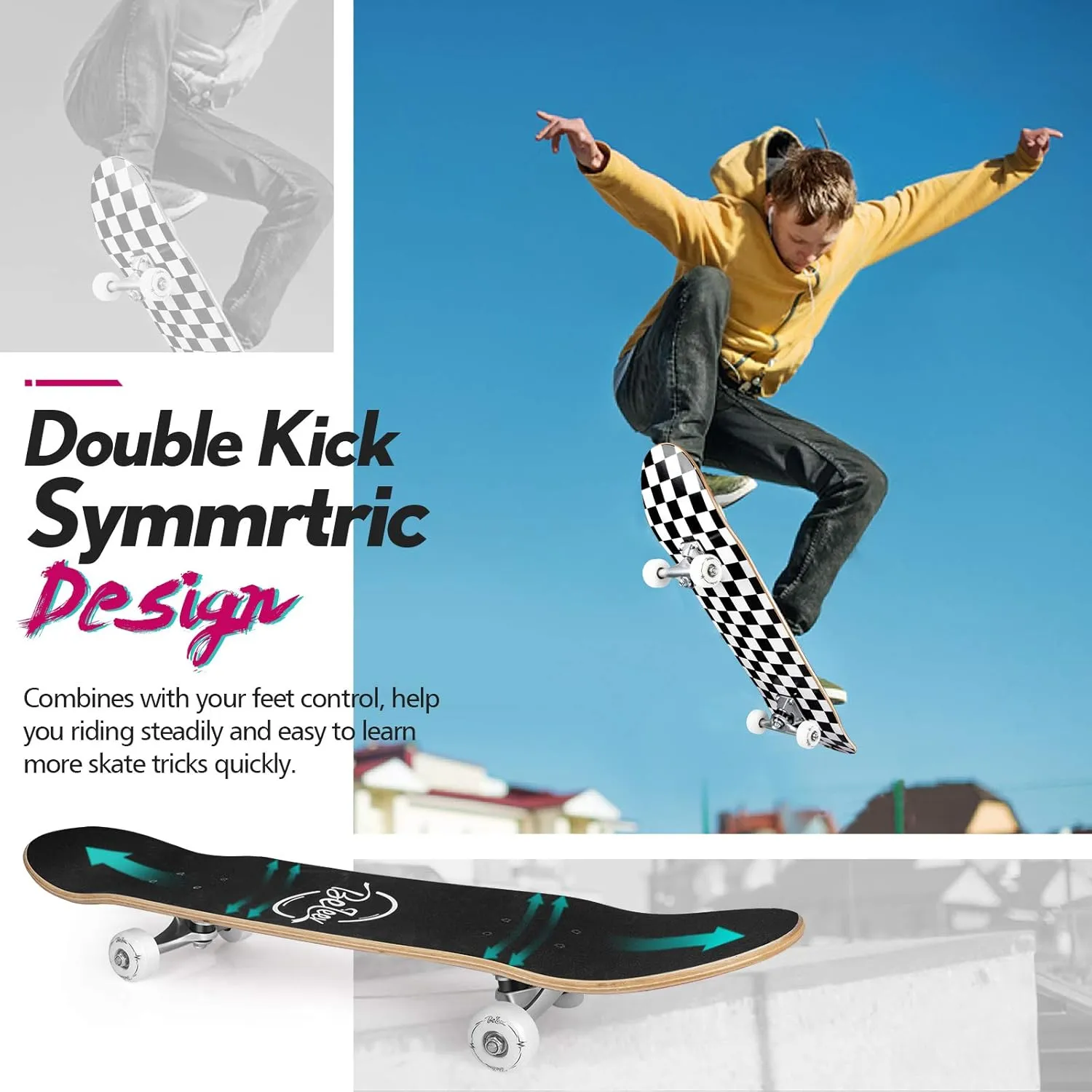 BELEEV Skateboards for Beginners, 31 x 8 inch Complete Skateboard for Kids Teens Adults, 7 Layer Canadian Maple Double Kick Deck Concave Cruiser Trick Skateboard with Multifunction Skate T-Tool
