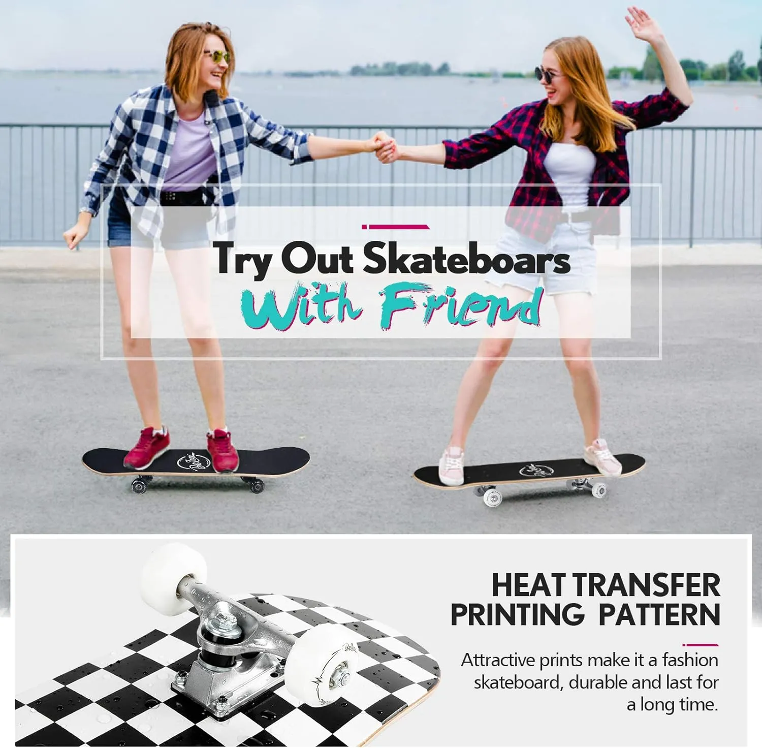 BELEEV Skateboards for Beginners, 31 x 8 inch Complete Skateboard for Kids Teens Adults, 7 Layer Canadian Maple Double Kick Deck Concave Cruiser Trick Skateboard with Multifunction Skate T-Tool