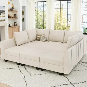 Belffin Large Modular Sectional Sofa Sleeper Couch with Storage Velvet Sectional Sofa Bed for Living Room, 9 Seats, Beige