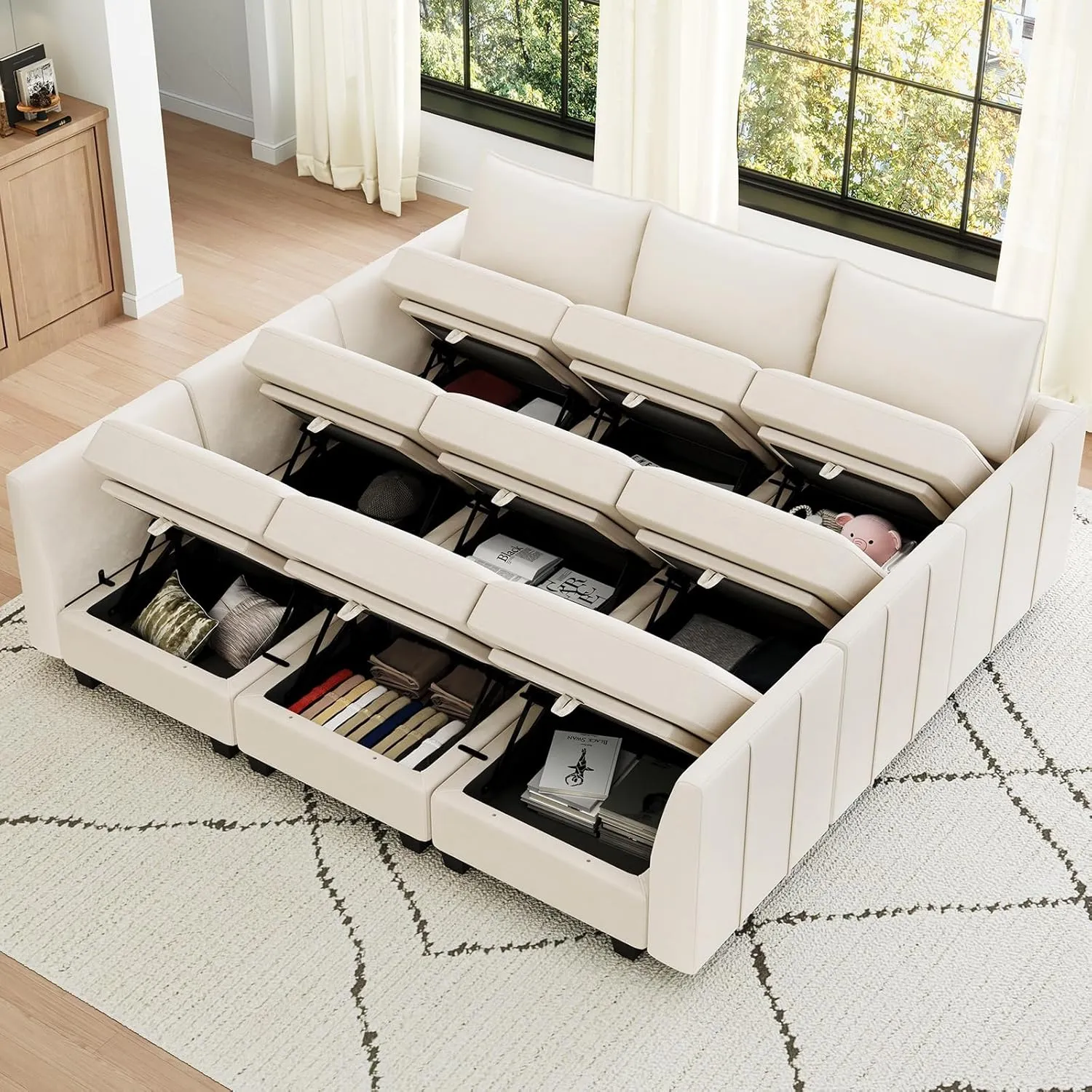 Belffin Large Modular Sectional Sofa Sleeper Couch with Storage Velvet Sectional Sofa Bed for Living Room, 9 Seats, Beige