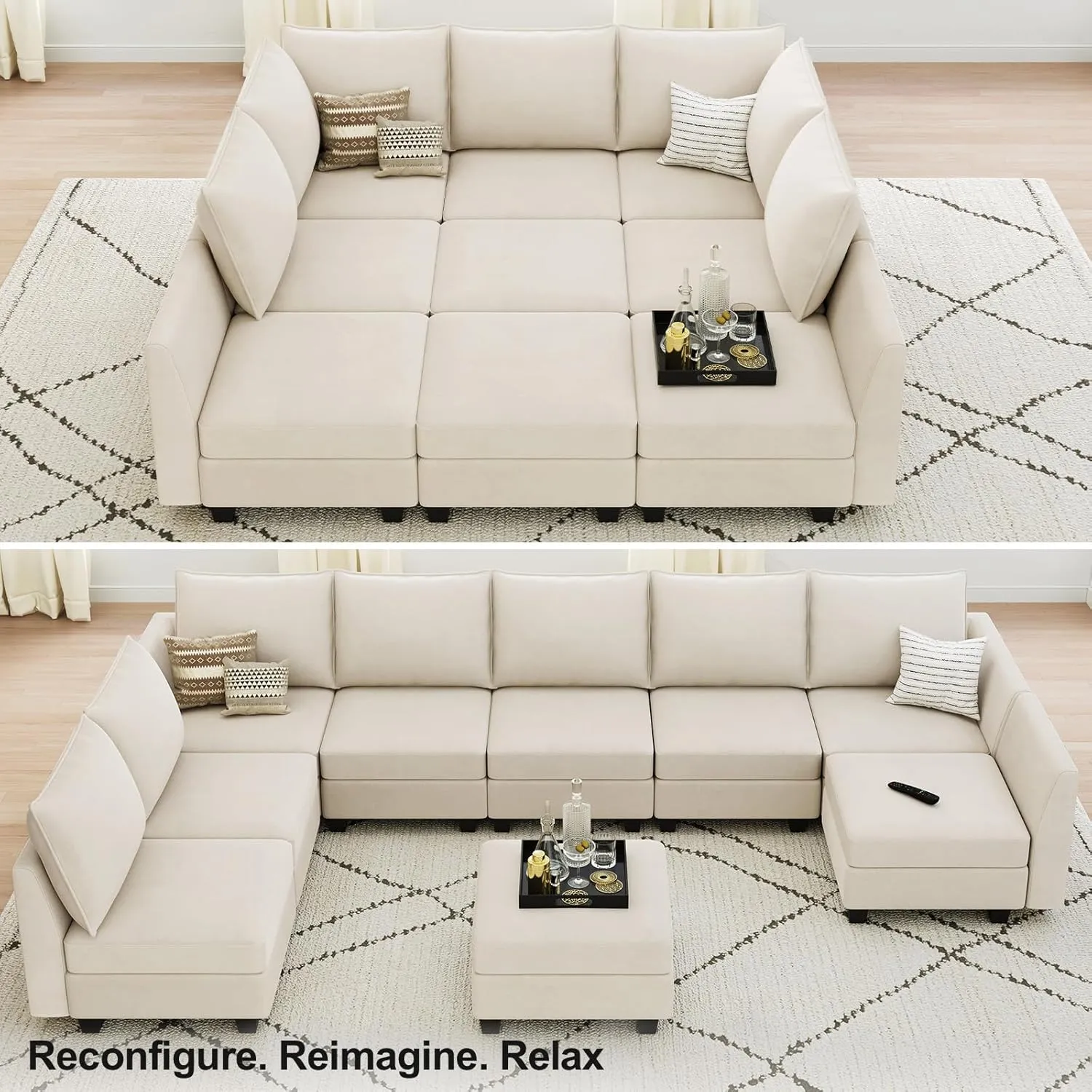 Belffin Large Modular Sectional Sofa Sleeper Couch with Storage Velvet Sectional Sofa Bed for Living Room, 9 Seats, Beige