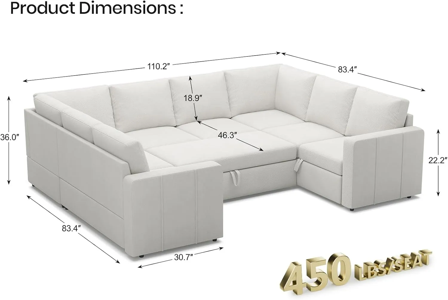 Belffin Modular Sectional Sleeper Sofa Bed with Pull Out Couch, Oversized U Shaped Sleeper Pull Out Bed with Storage Loveseat, Convertible Sectional Couches for Living Room, White