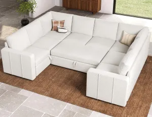 Belffin Modular Sectional Sleeper Sofa Bed with Pull Out Couch, Oversized U Shaped Sleeper Pull Out Bed with Storage Loveseat, Convertible Sectional Couches for Living Room, White