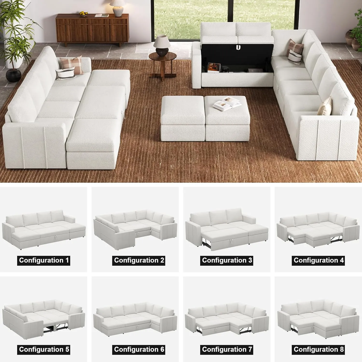 Belffin Modular Sectional Sleeper Sofa Bed with Pull Out Couch, Oversized U Shaped Sleeper Pull Out Bed with Storage Loveseat, Convertible Sectional Couches for Living Room, White