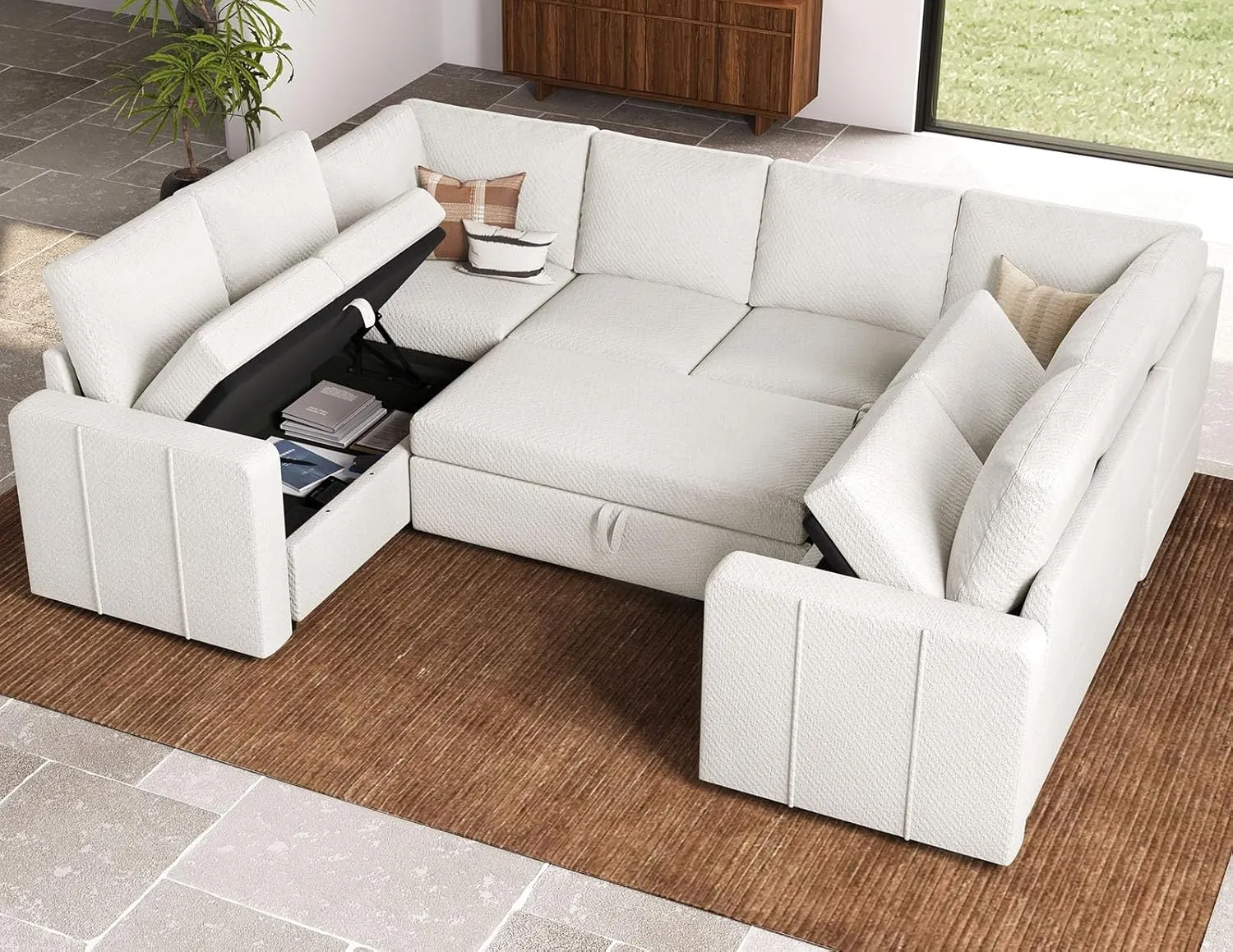 Belffin Modular Sectional Sleeper Sofa Bed with Pull Out Couch, Oversized U Shaped Sleeper Pull Out Bed with Storage Loveseat, Convertible Sectional Couches for Living Room, White