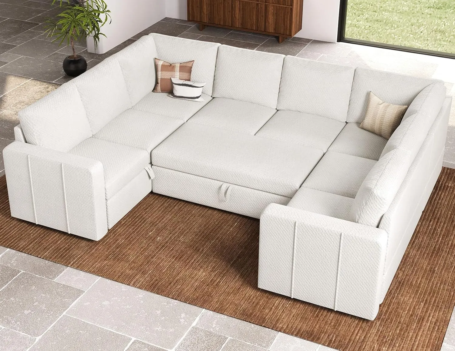 Belffin Modular Sectional Sleeper Sofa Bed with Pull Out Couch, Oversized U Shaped Sleeper Pull Out Bed with Storage Loveseat, Convertible Sectional Couches for Living Room, White