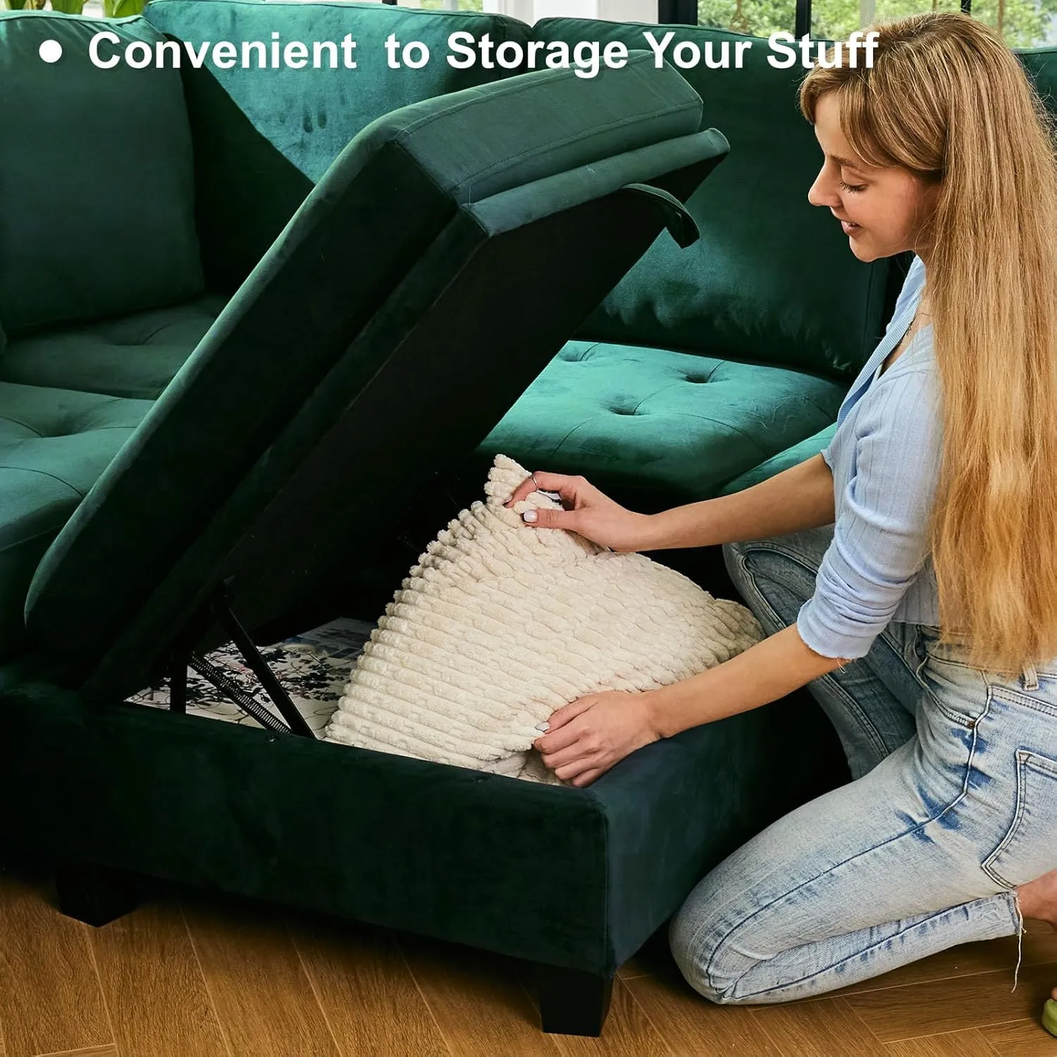 Belffin Modular Sectional Sleeper Sofa with Pull Out Bed U Shaped Sectional Sofa Couch with Storage Ottoman Velvet Covertible 7-Seater Sofa for Living Room Green