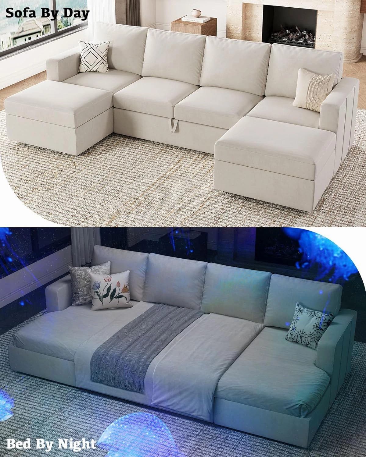 Belffin Modular Sectional Sleeper Sofa Bed with Pull Out Couch, U Shaped Sleeper Pull Out Bed, Convertible Sectional Couches for Living Room, Beige